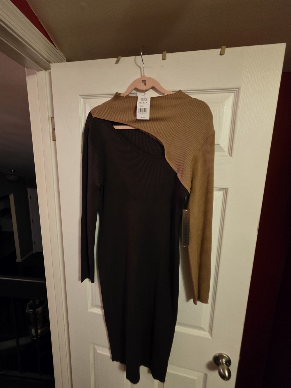 Almost Famous Two-Tone Ribbed Long Sleeve Dress in Brown and Tan